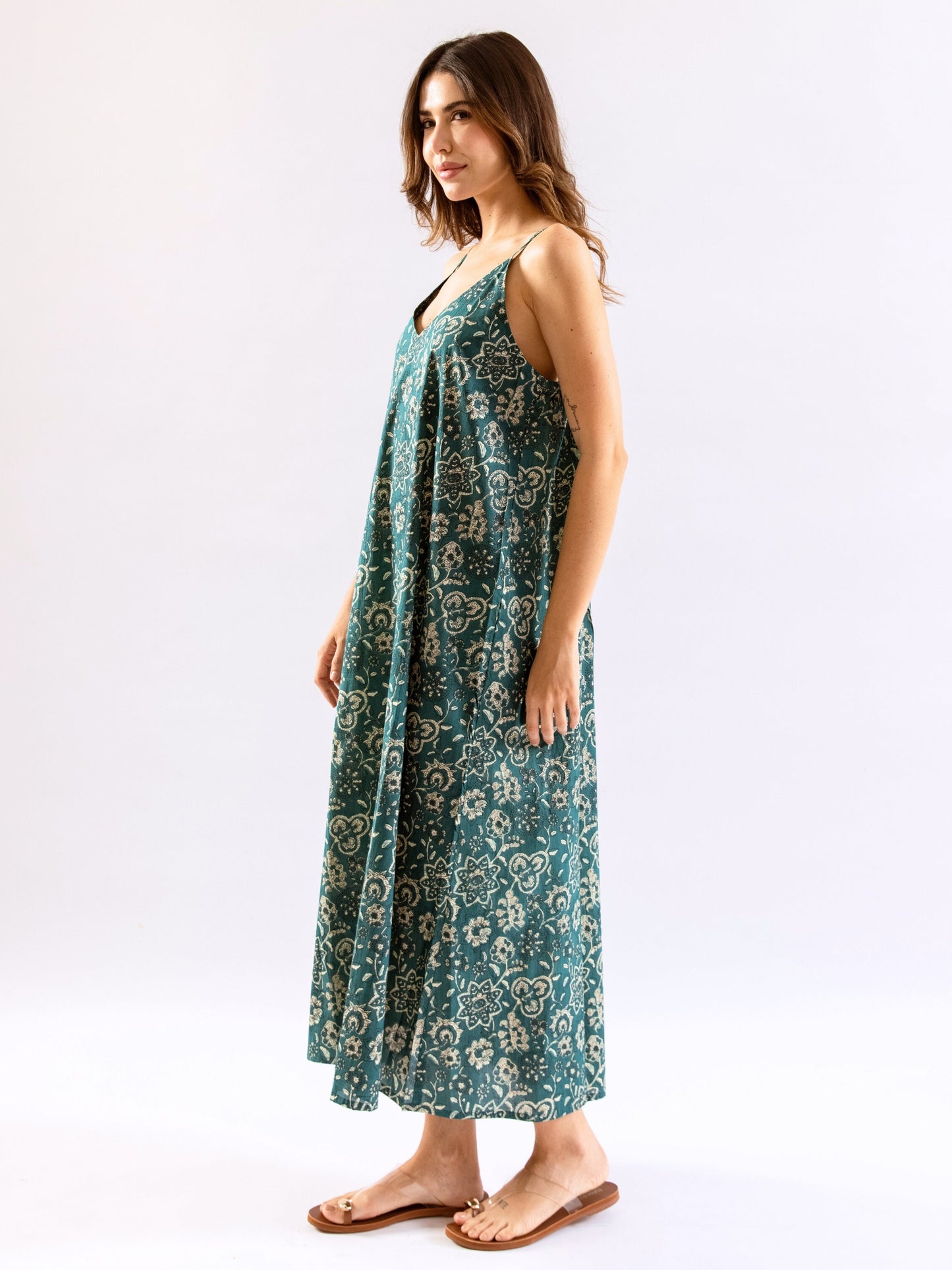 Teal Breezy Boho Pure Cotton V neck Sleepwear Robe Set