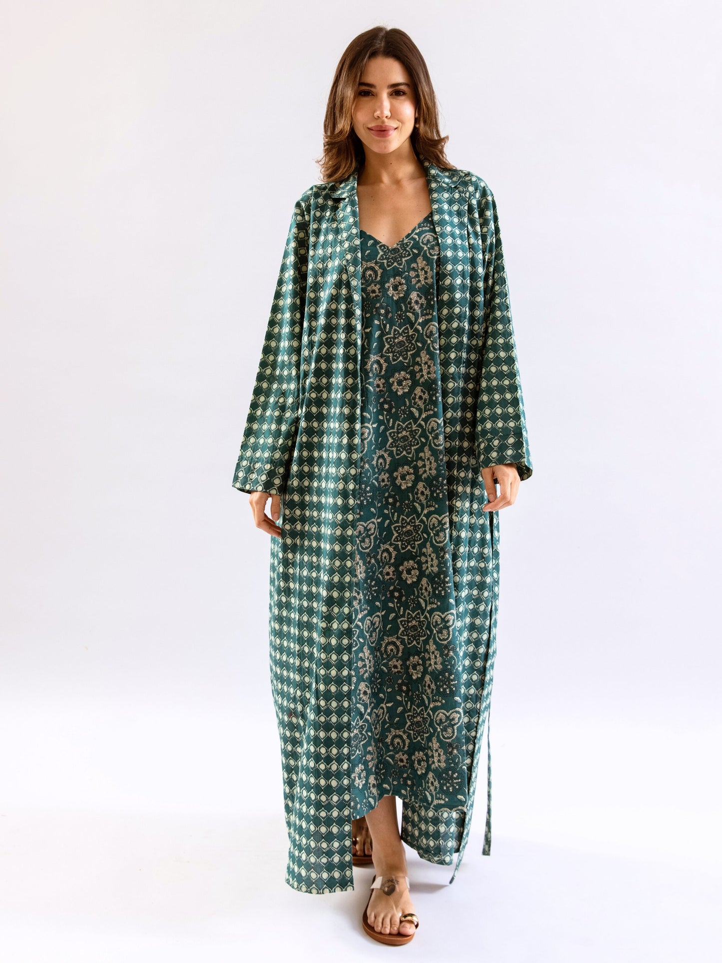 Teal Breezy Boho Pure Cotton V neck Sleepwear Robe Set