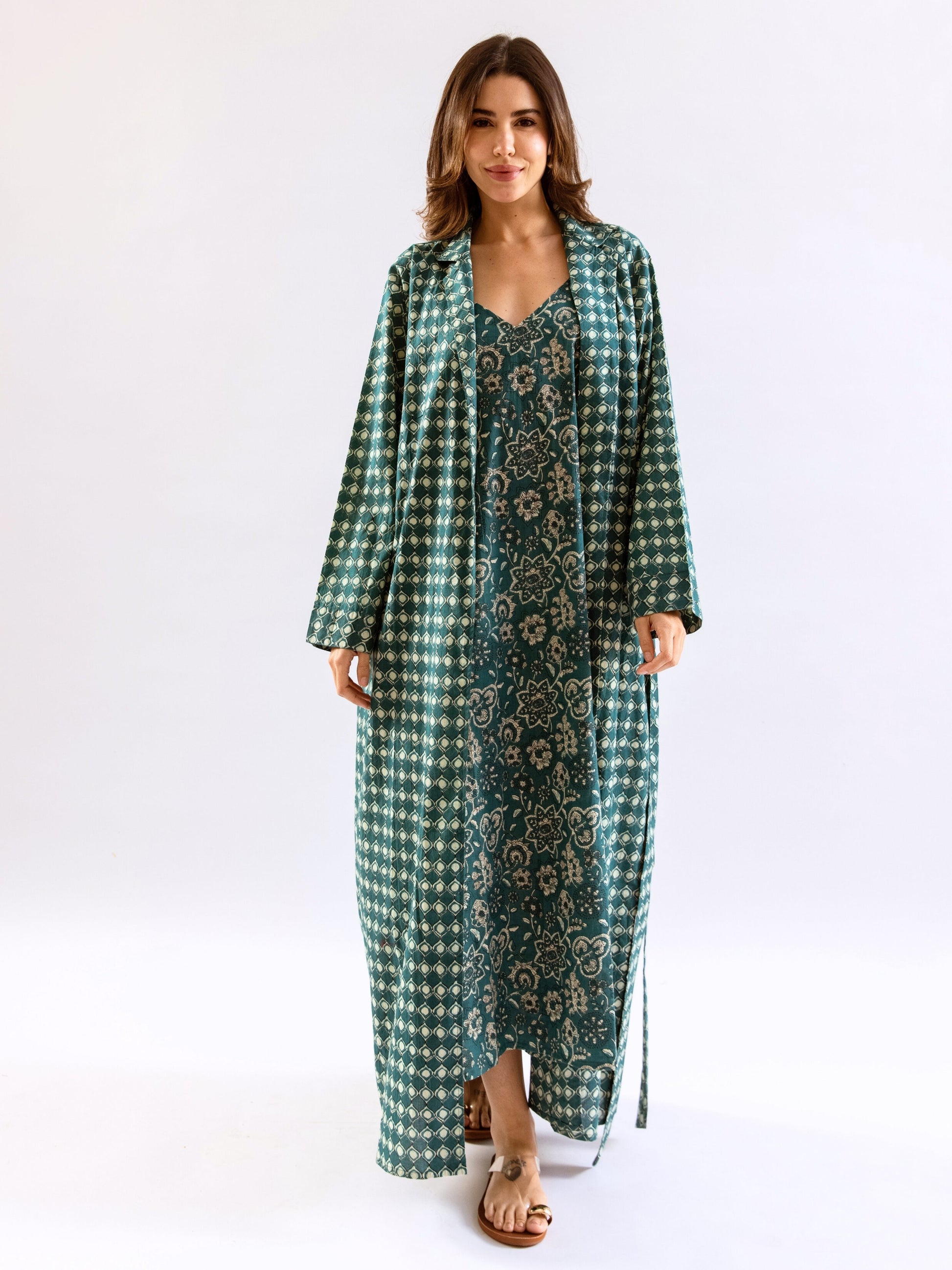 Teal Breezy Boho Pure Cotton V neck Sleepwear Robe Set