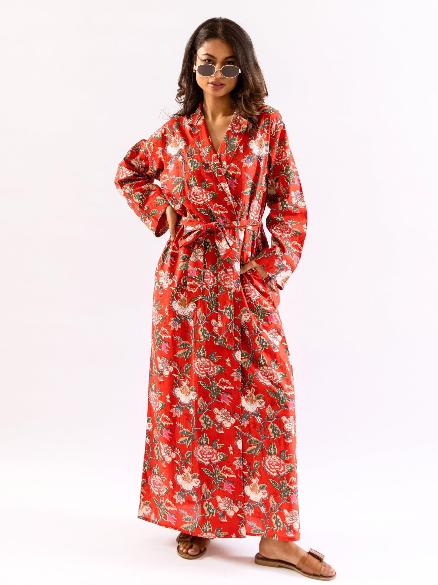 Red Lazy Daisy Pure Cotton V neck Sleepwear Robe Set