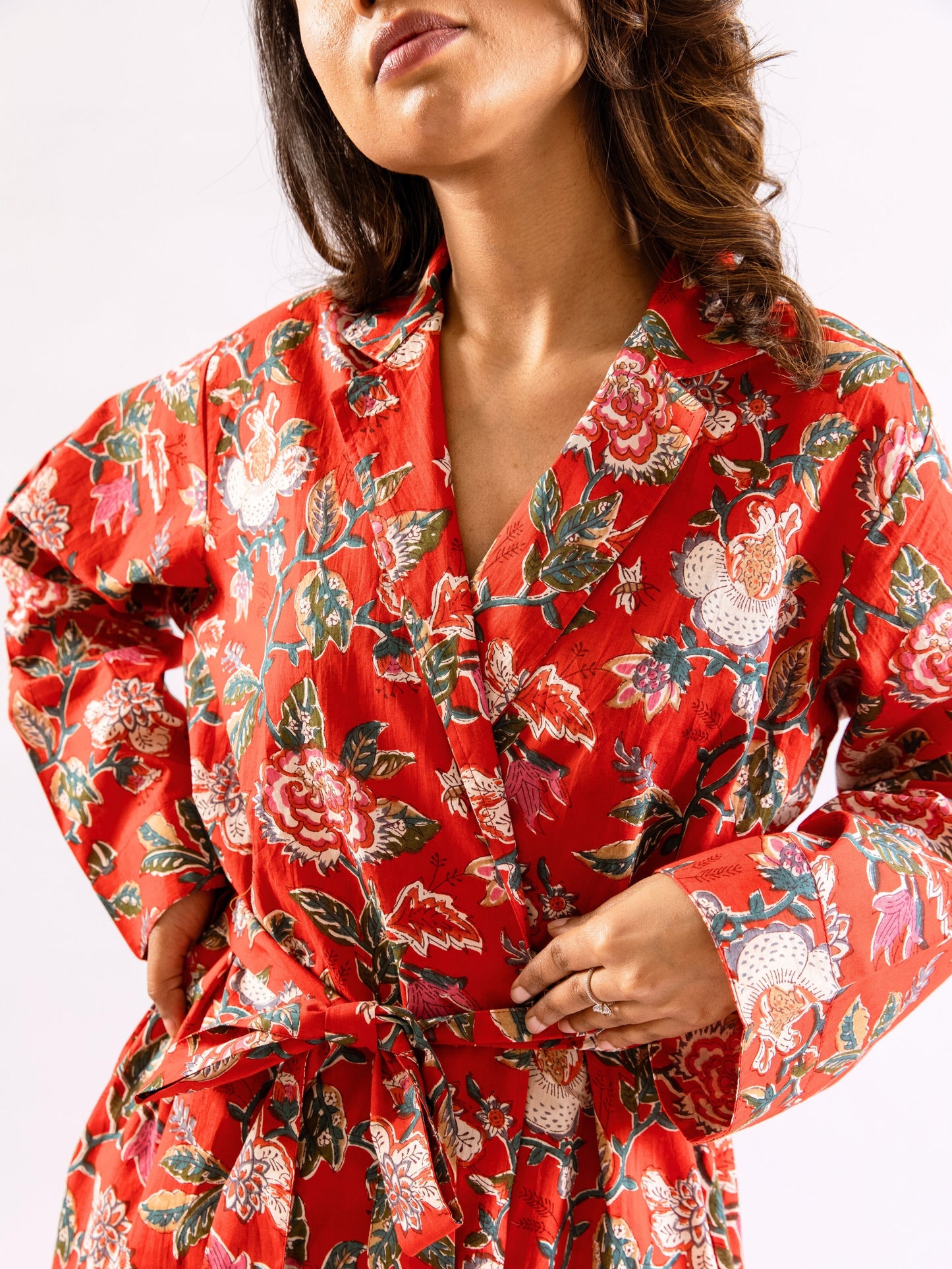 Red Lazy Daisy Pure Cotton V neck Sleepwear Robe Set