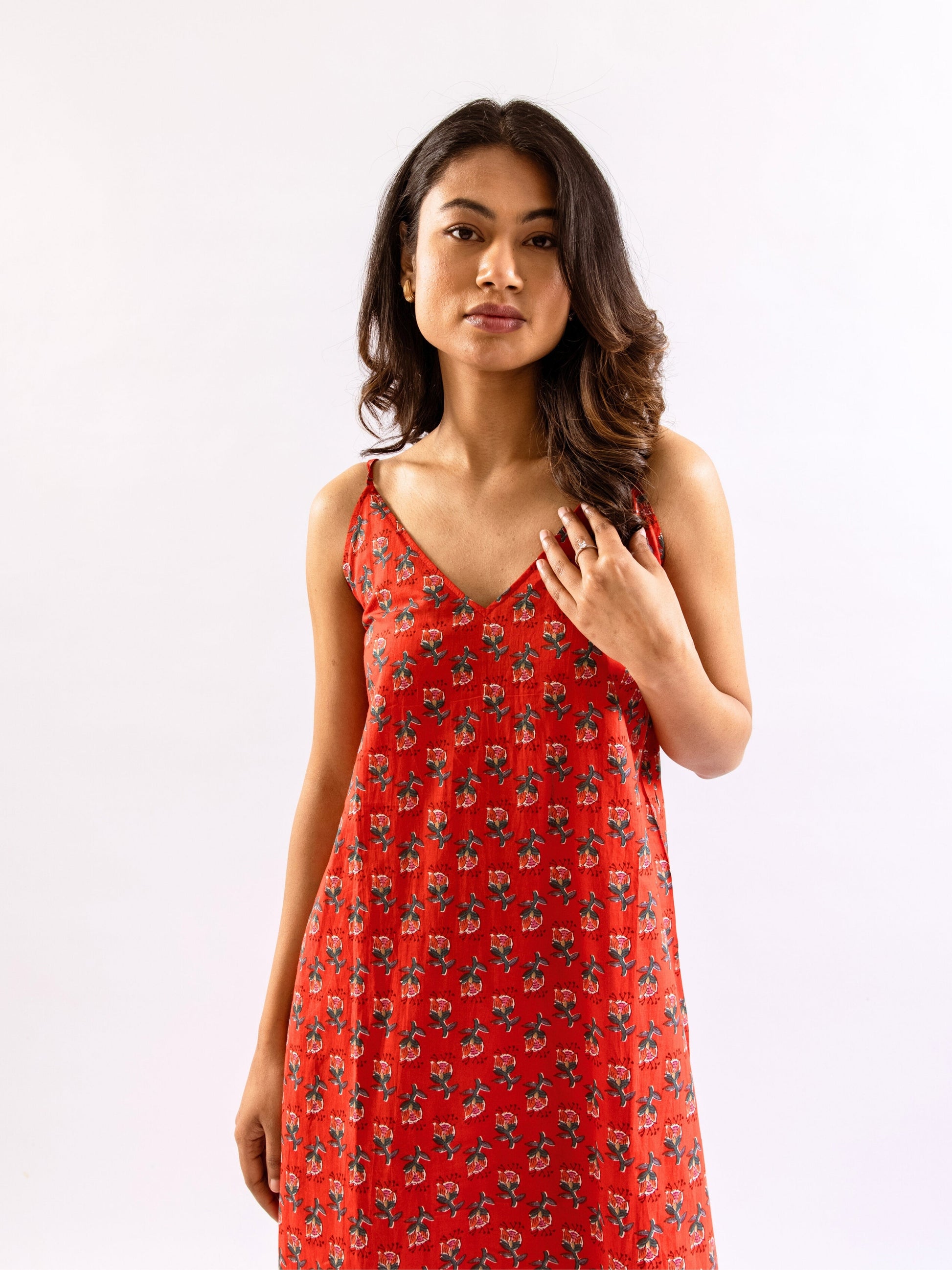 Red Lazy Daisy Pure Cotton V neck Sleepwear Robe Set