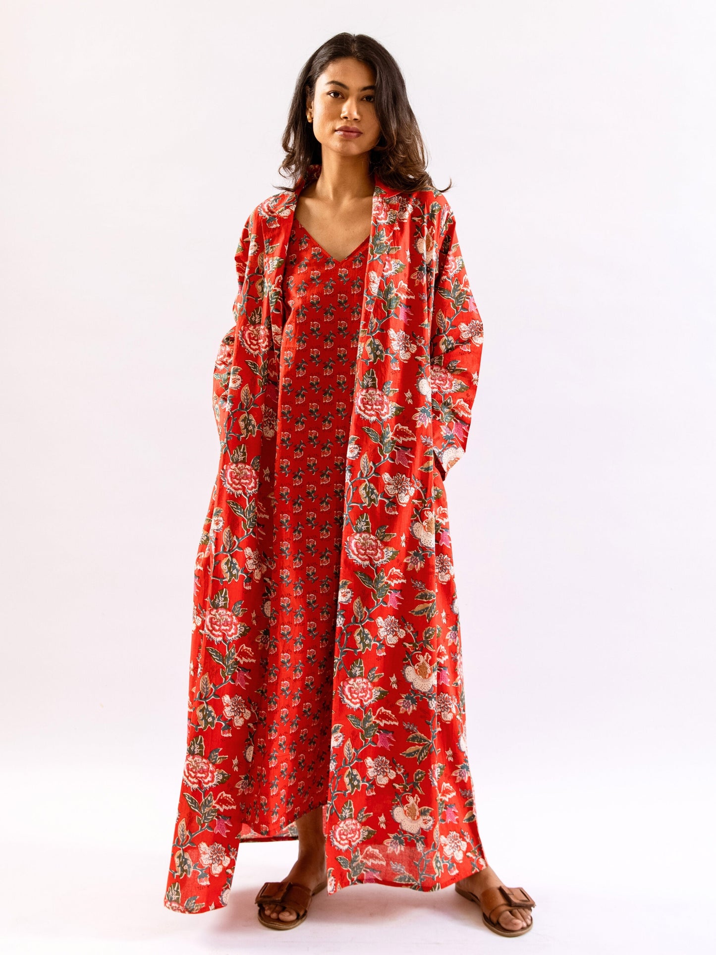 Red Lazy Daisy Pure Cotton V neck Sleepwear Robe Set