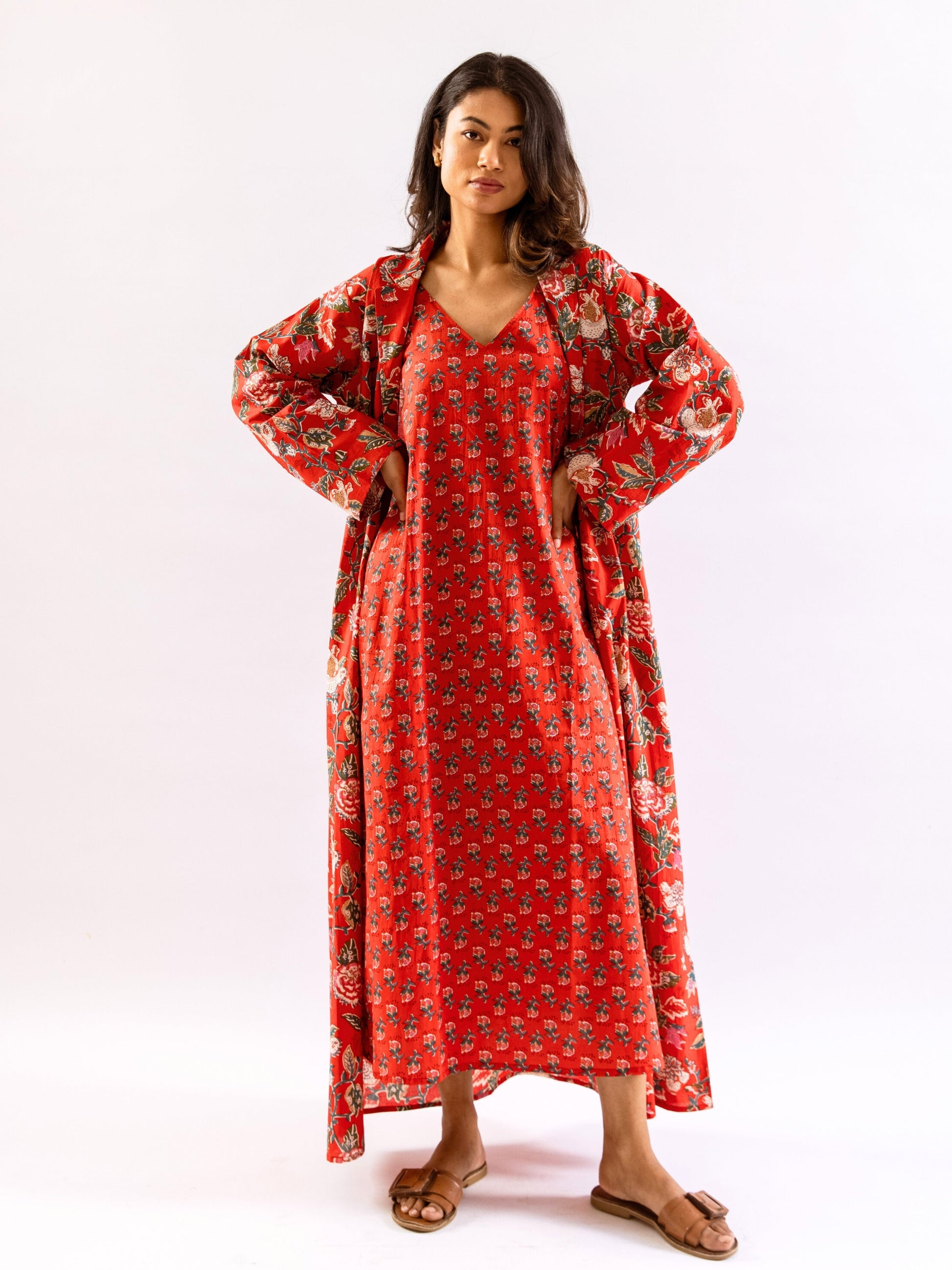Red Lazy Daisy Pure Cotton V neck Sleepwear Robe Set