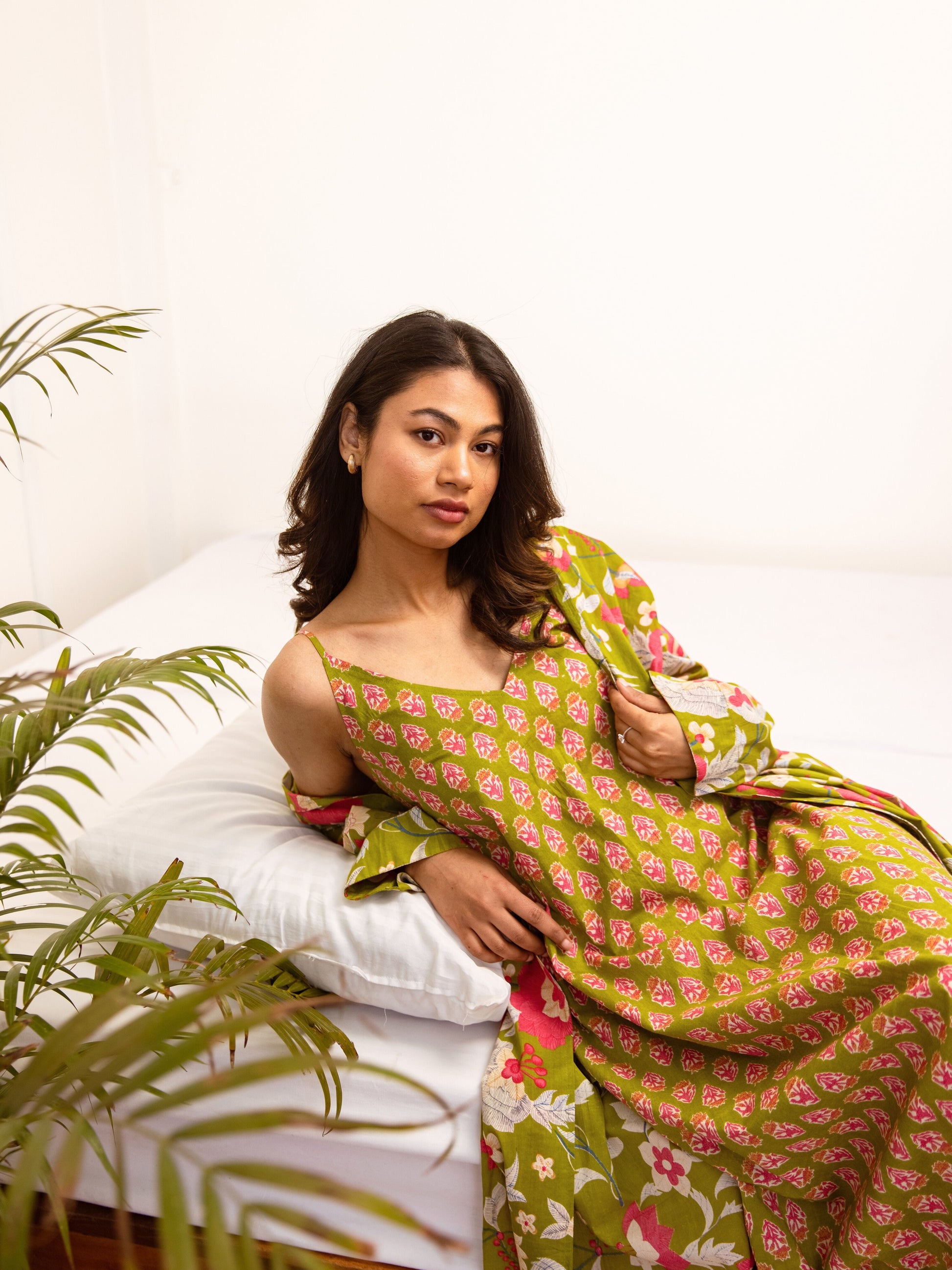 Lime Green Sassy Citrus Pure Cotton V neck Sleepwear Robe Set