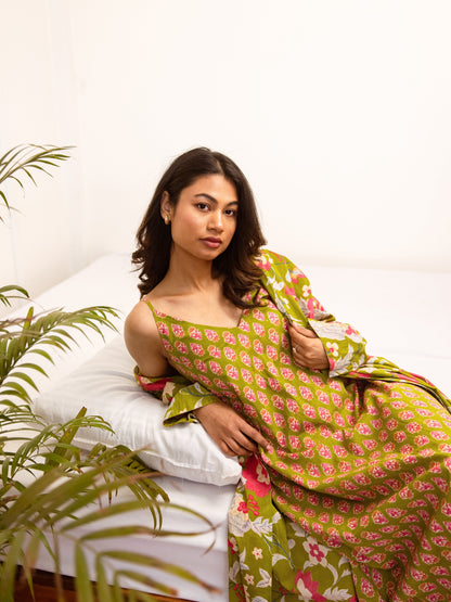 Lime Green Sassy Citrus Pure Cotton V neck Sleepwear Robe Set