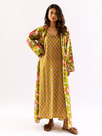 Lime Green Sassy Citrus Pure Cotton V neck Sleepwear Robe Set