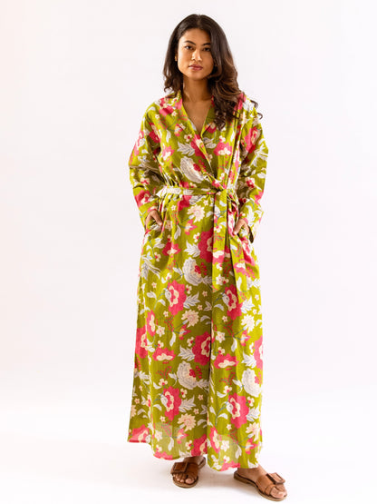 Lime Green Sassy Citrus Pure Cotton V neck Sleepwear Robe Set