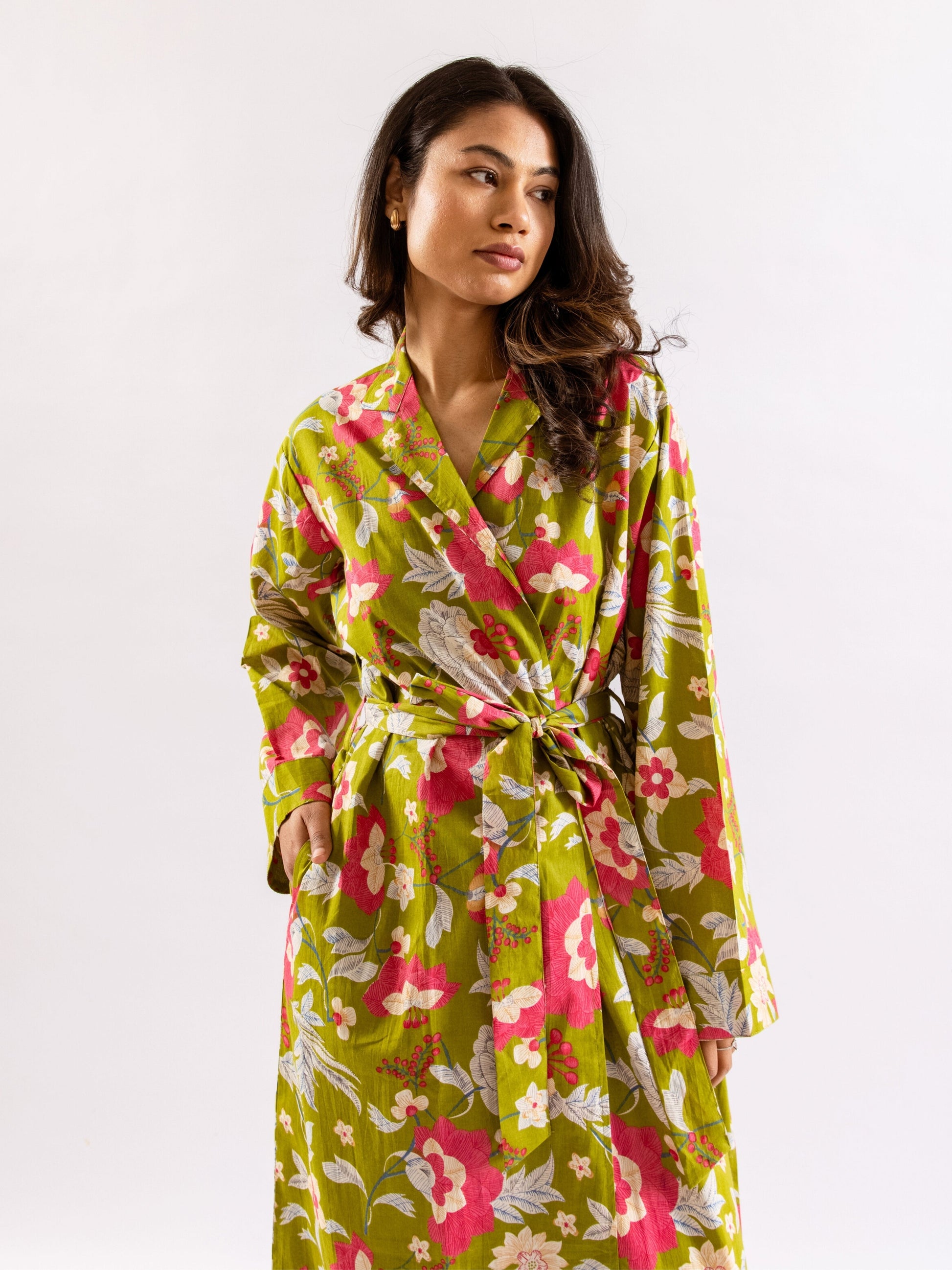 Lime Green Sassy Citrus Pure Cotton V neck Sleepwear Robe Set