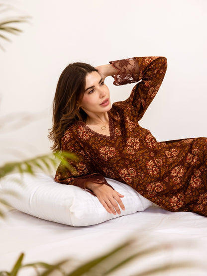 Maroon Rosy Dreams lace Pure Cotton V neck Night Maxi