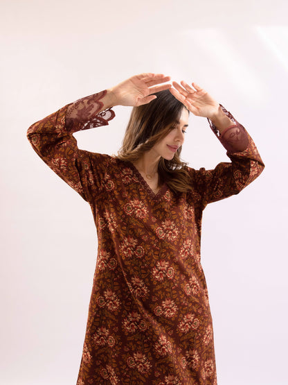 Maroon Rosy Dreams lace Pure Cotton V neck Night Maxi