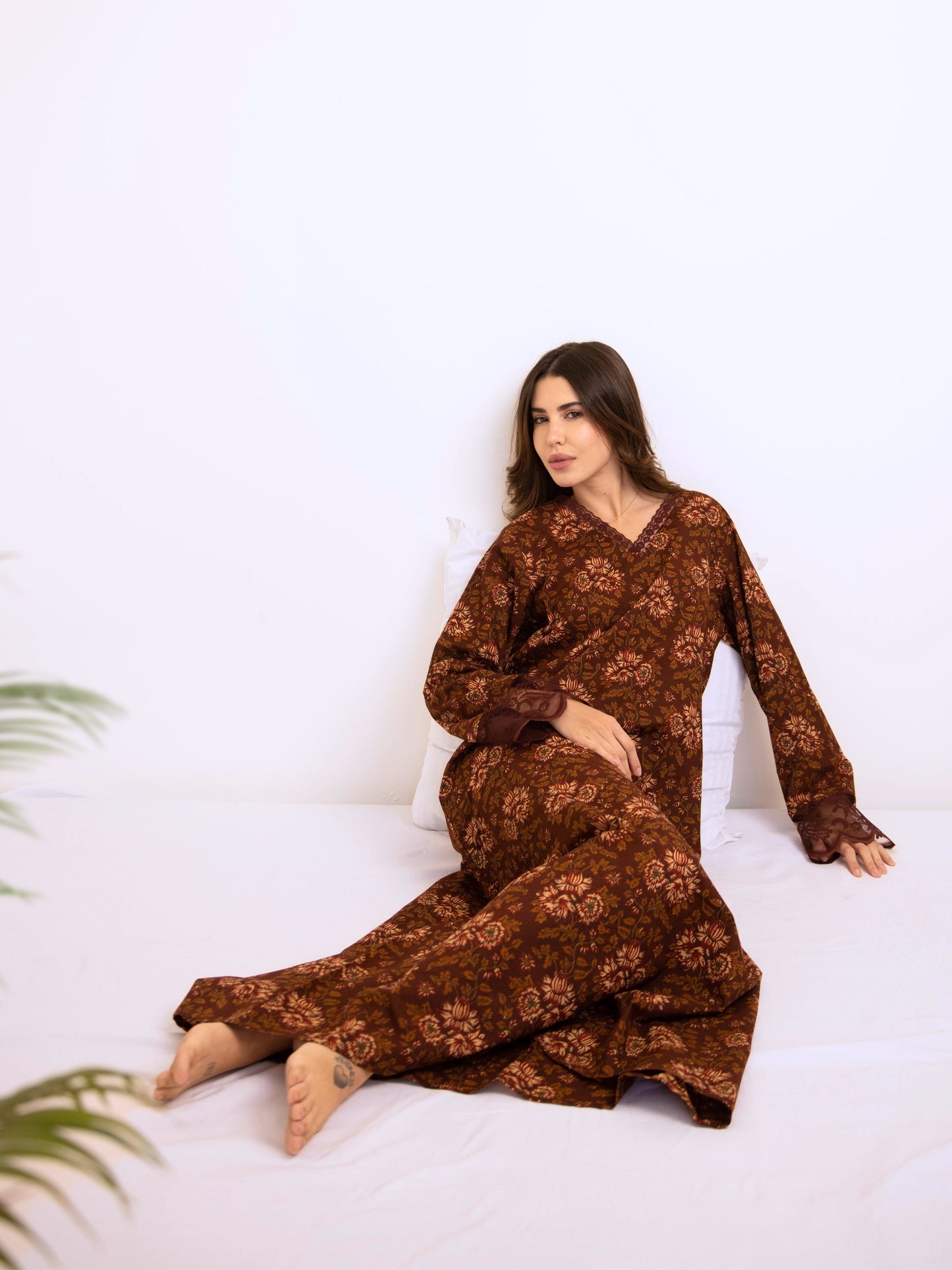 Maroon Rosy Dreams lace Pure Cotton V neck Night Maxi