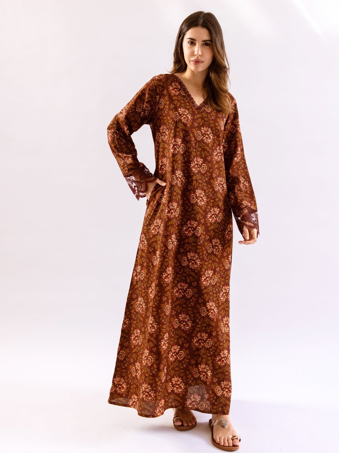 Maroon Rosy Dreams lace Pure Cotton V neck Night Maxi