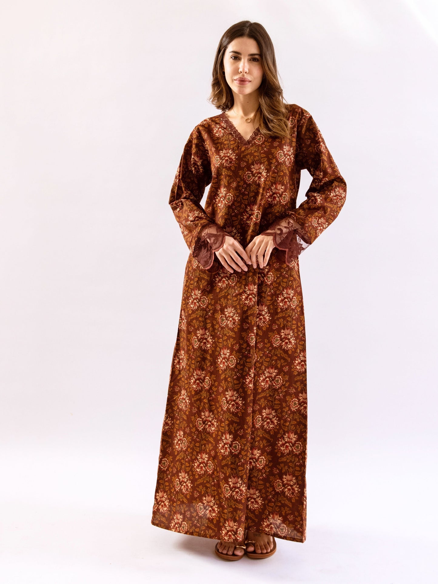 Maroon Rosy Dreams lace Pure Cotton V neck Night Maxi