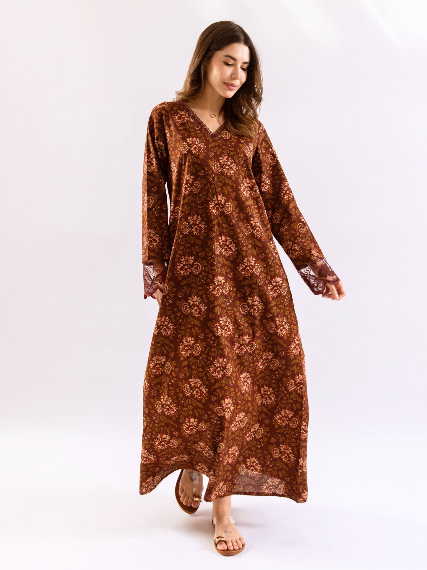 Maroon Rosy Dreams lace Pure Cotton V neck Night Maxi