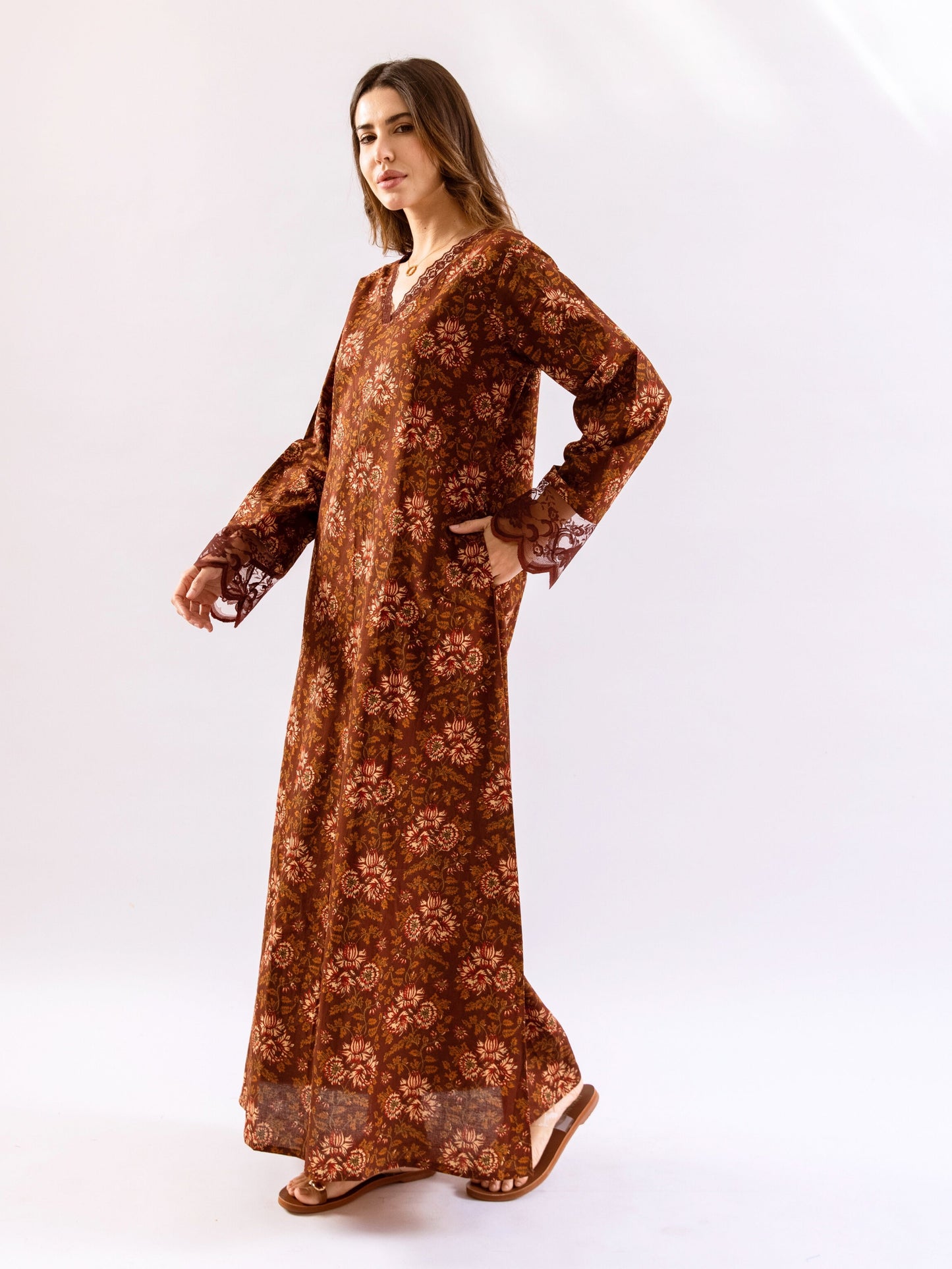 Maroon Rosy Dreams lace Pure Cotton V neck Night Maxi