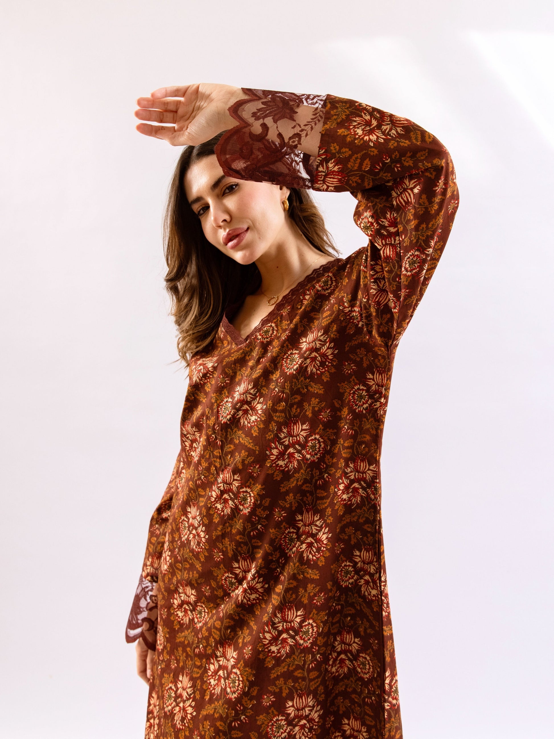 Maroon Rosy Dreams lace Pure Cotton V neck Night Maxi