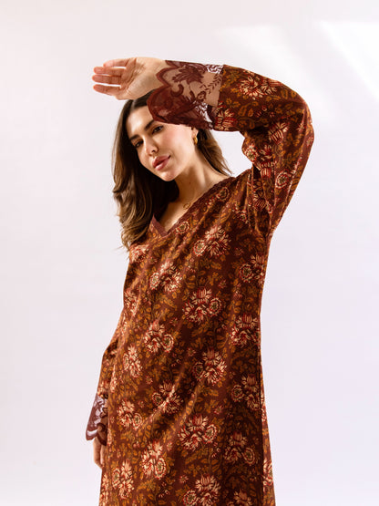 Maroon Rosy Dreams lace Pure Cotton V neck Night Maxi