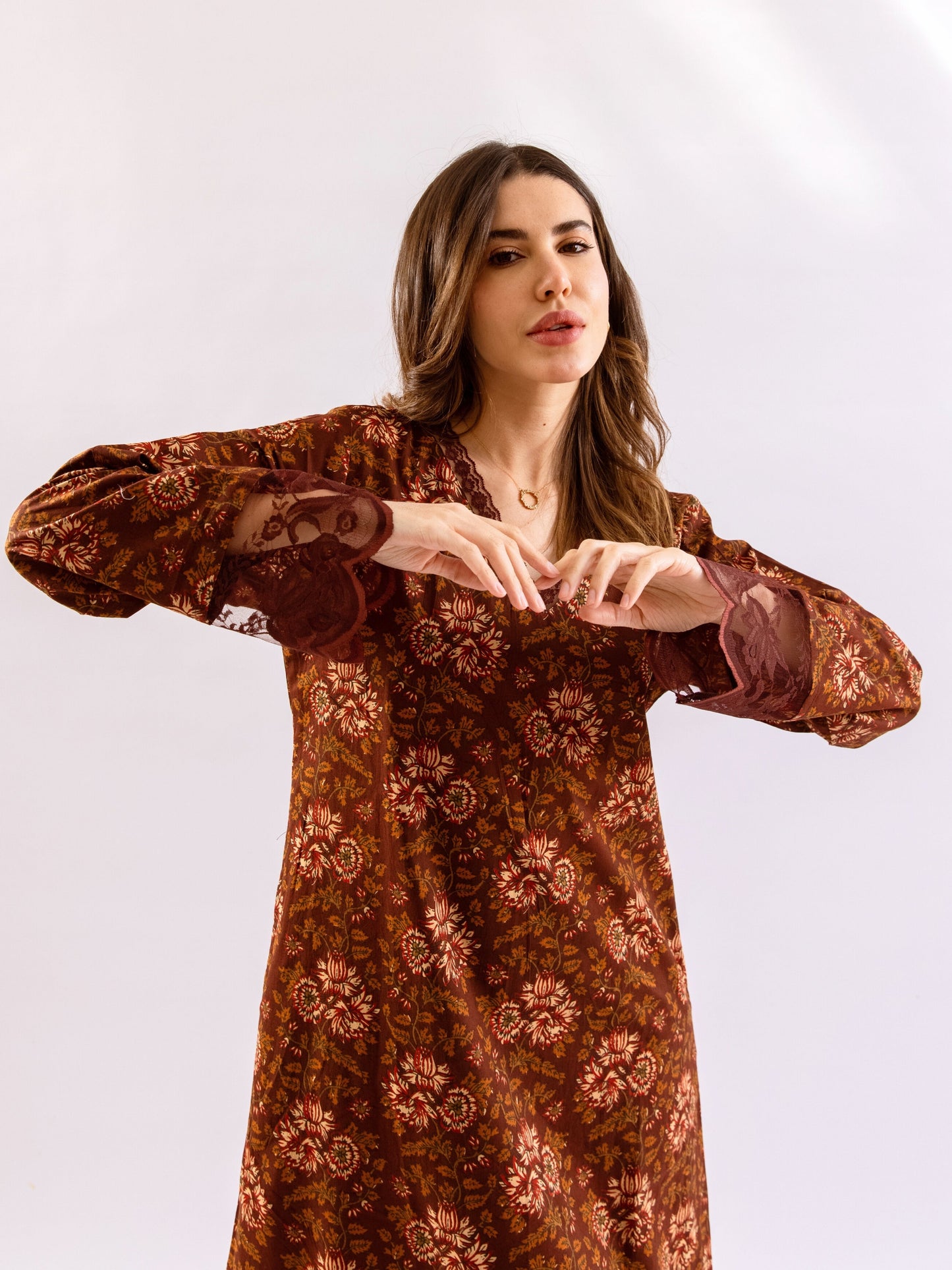 Maroon Rosy Dreams lace Pure Cotton V neck Night Maxi