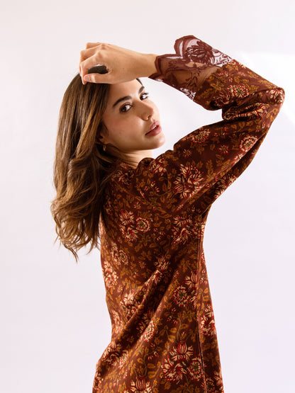 Maroon Rosy Dreams lace Pure Cotton V neck Night Maxi