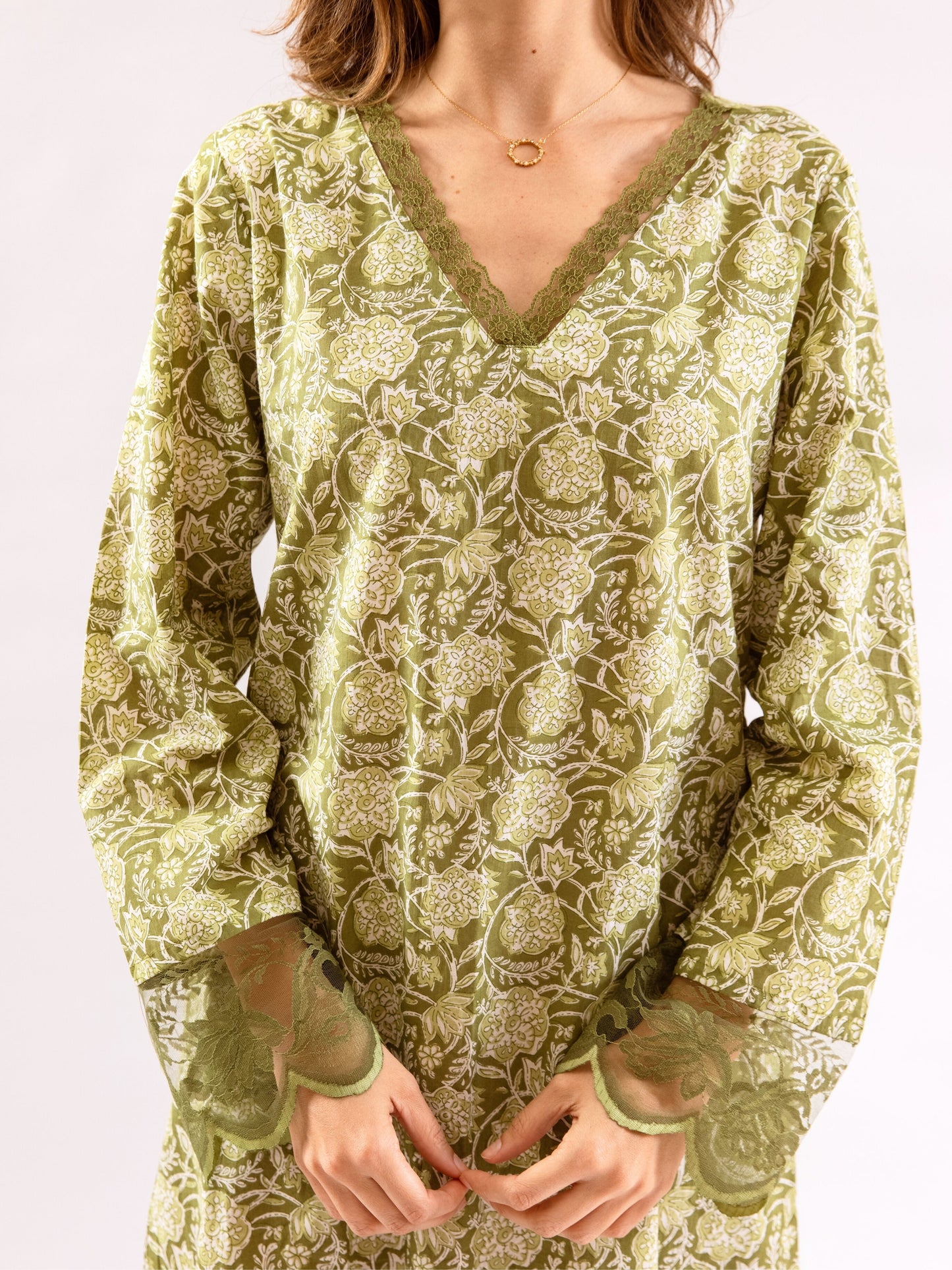 Olive Green Dazzel Floral Pure Cotton V neck Night Maxi