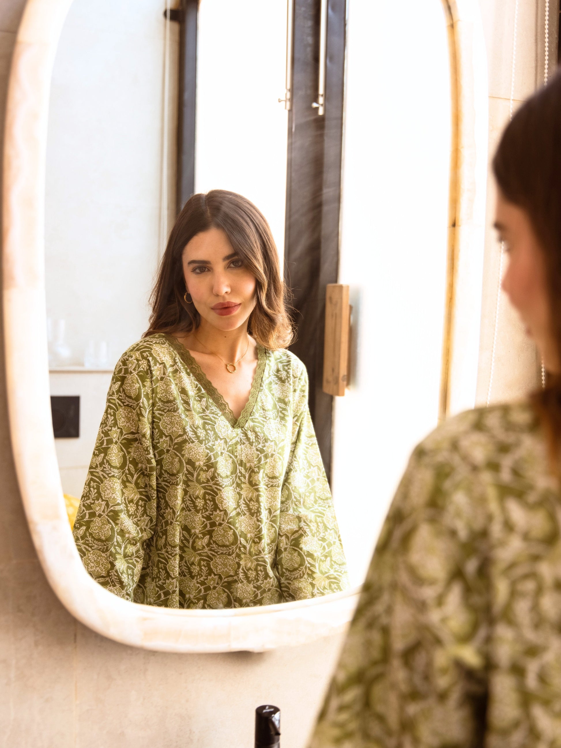 Olive Green Dazzel Floral Pure Cotton V neck Night Maxi