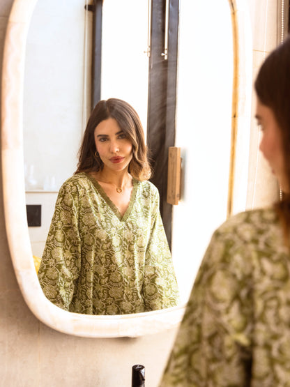 Olive Green Dazzel Floral Pure Cotton V neck Night Maxi