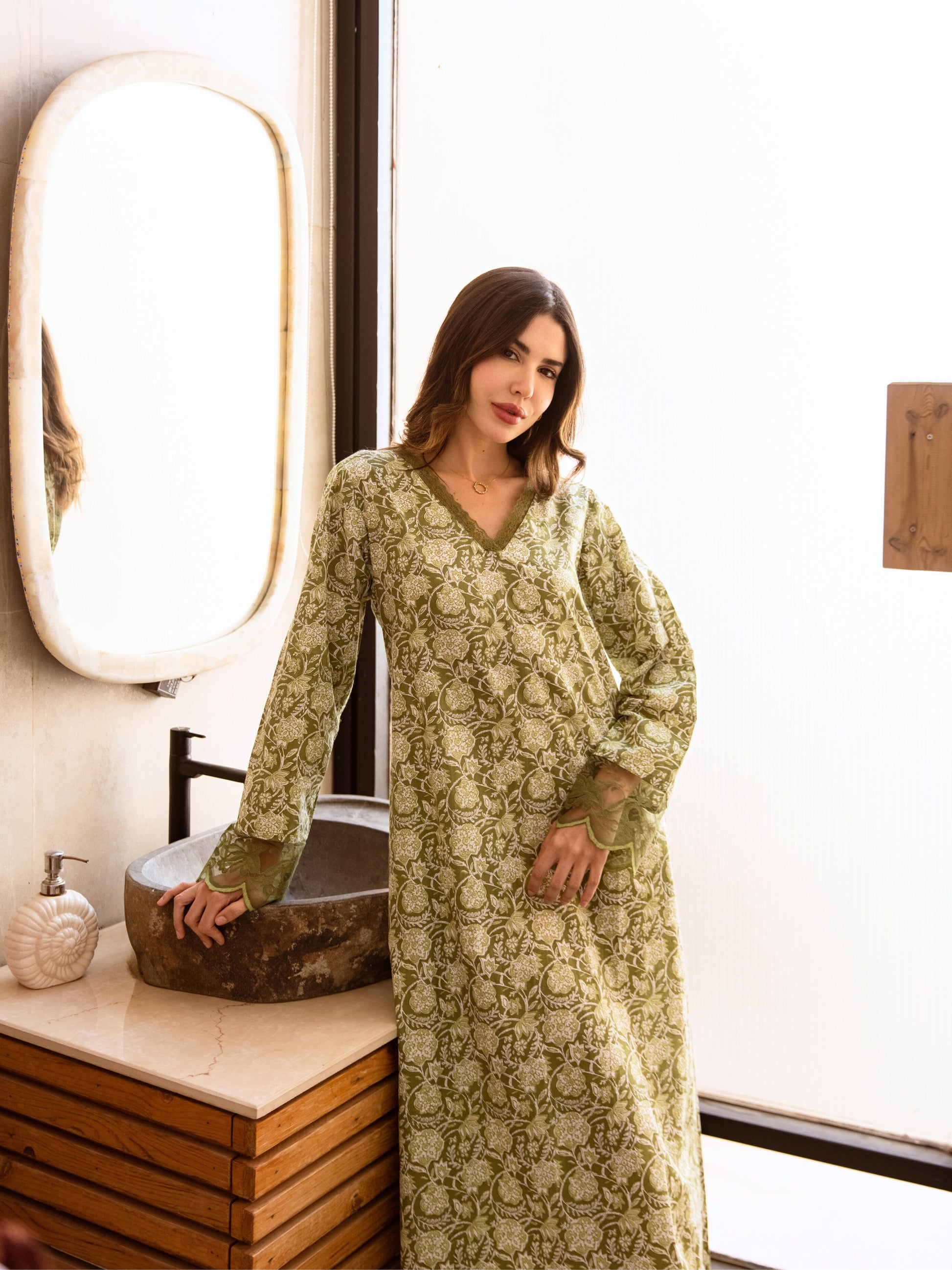 Olive Green Dazzel Floral Pure Cotton V neck Night Maxi