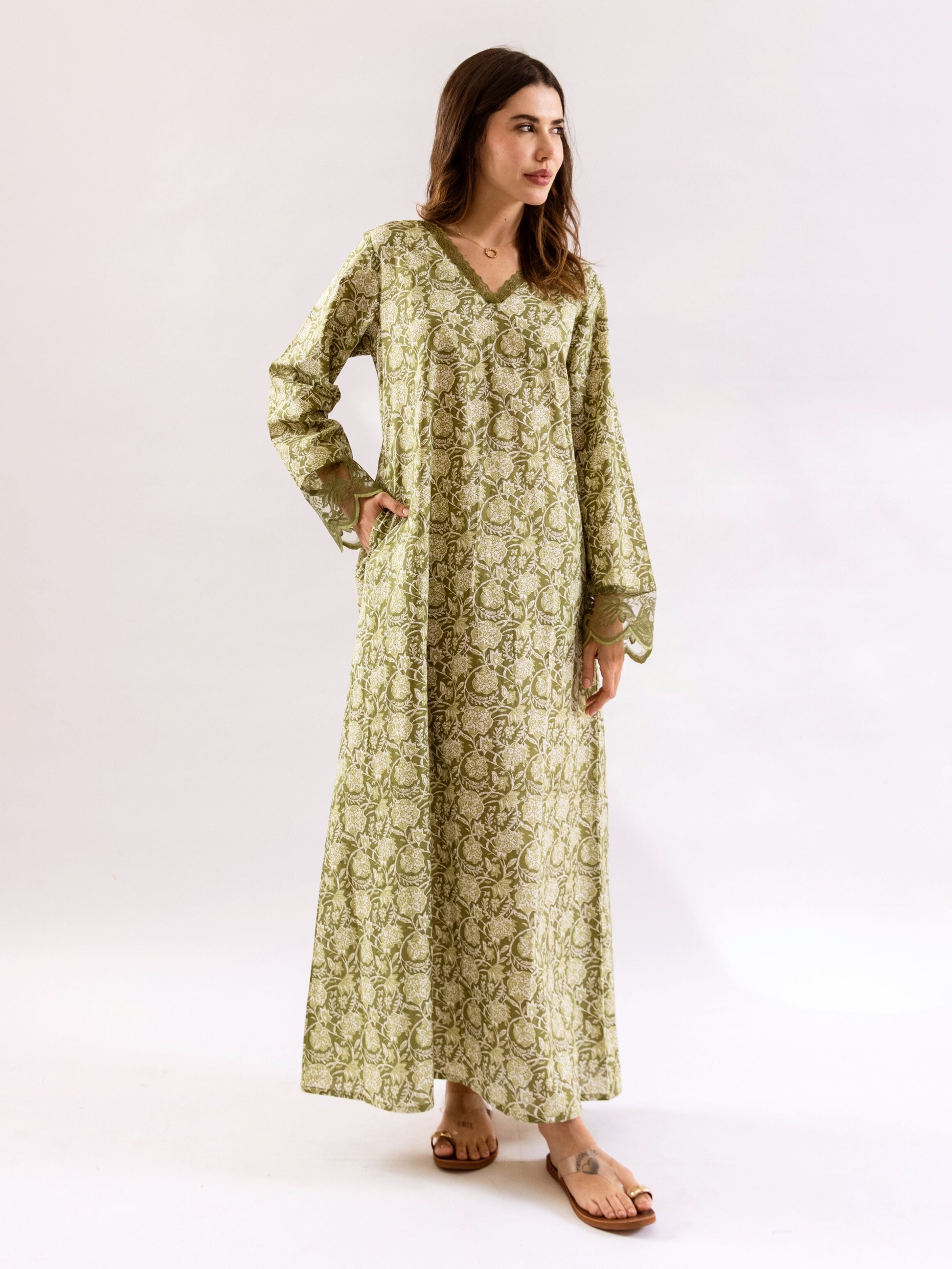 Olive Green Dazzel Floral Pure Cotton V neck Night Maxi