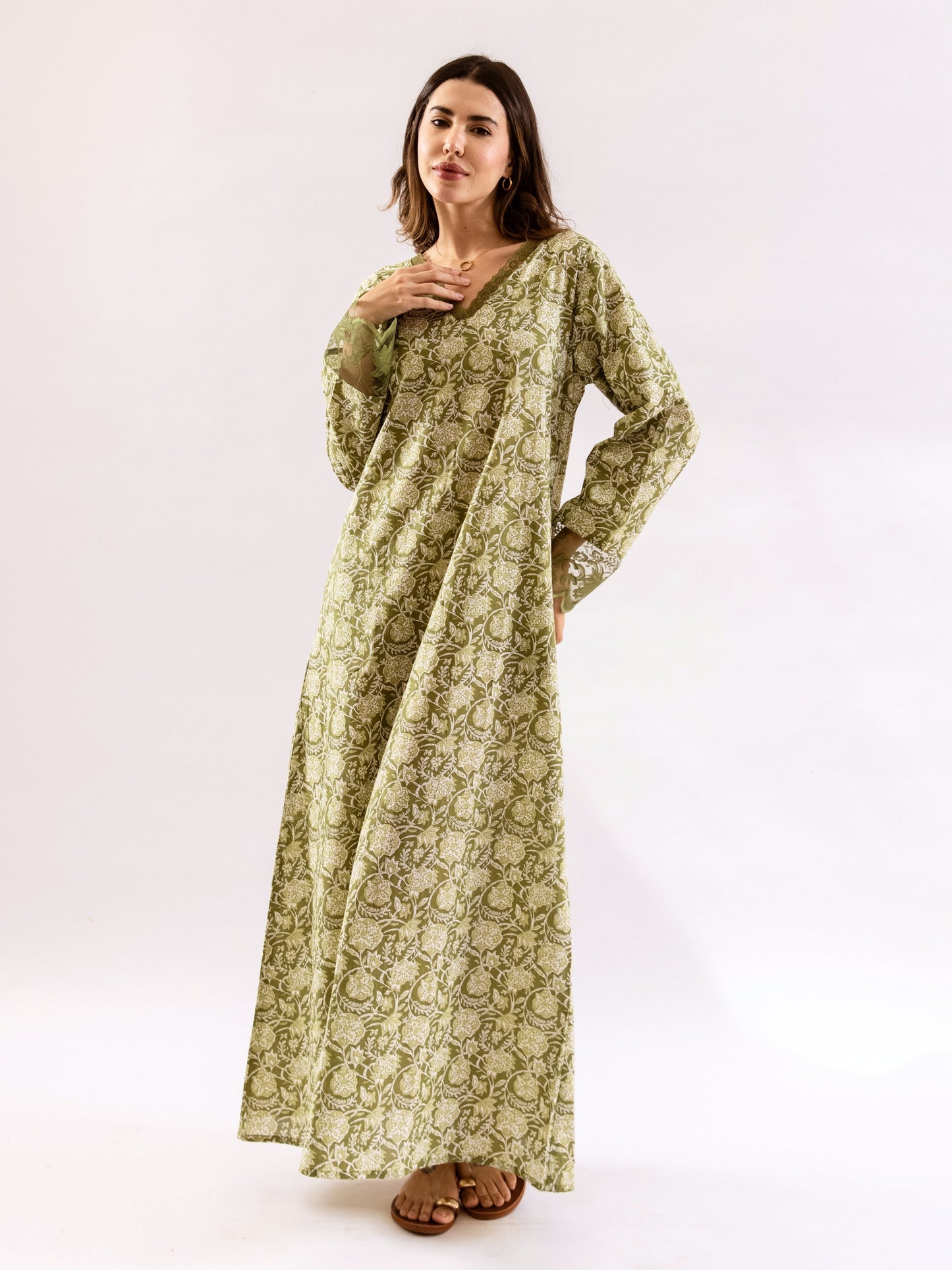 Olive Green Dazzel Floral Pure Cotton V neck Night Maxi