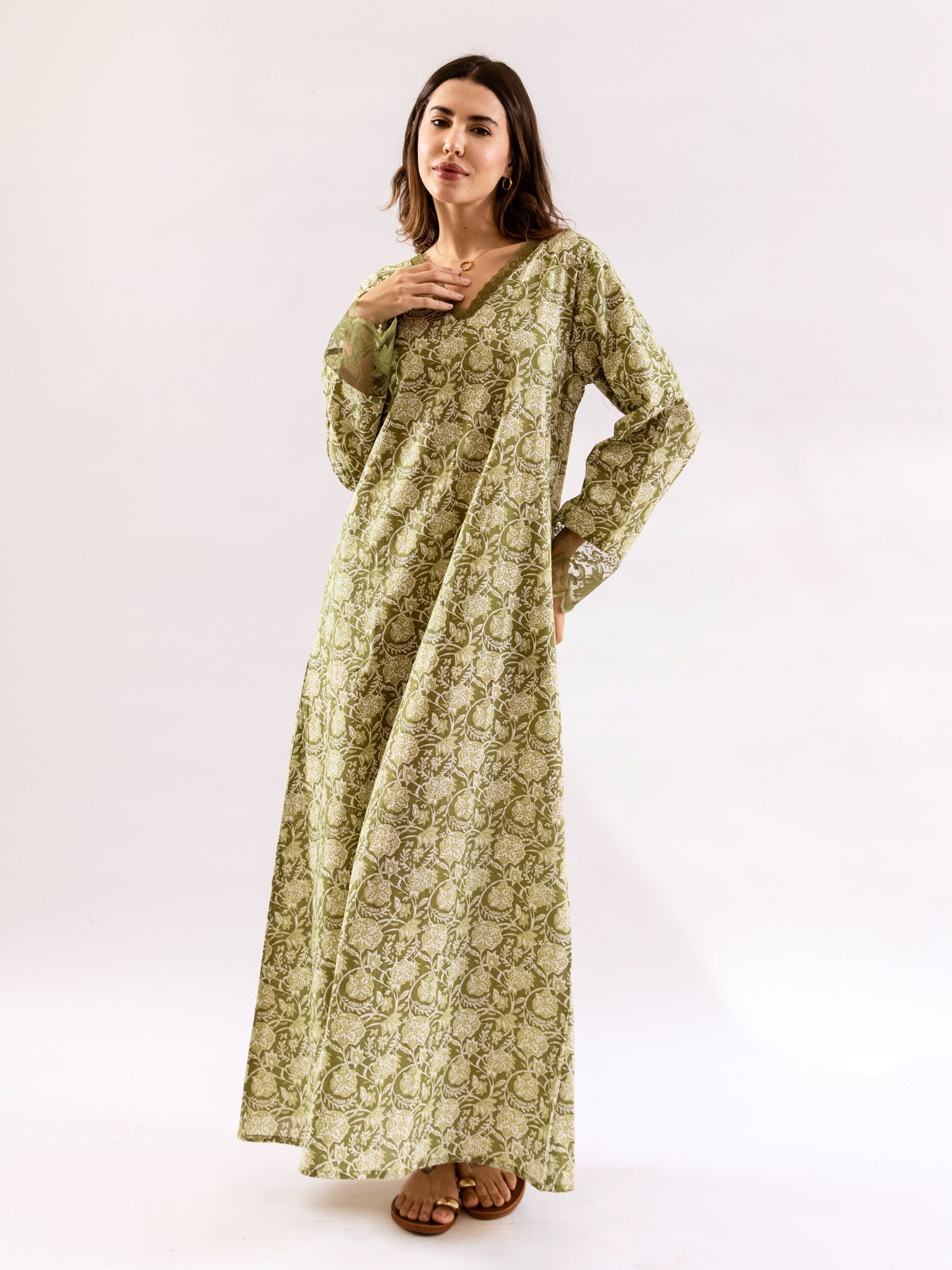 Olive Green Dazzel Floral Pure Cotton V neck Night Maxi