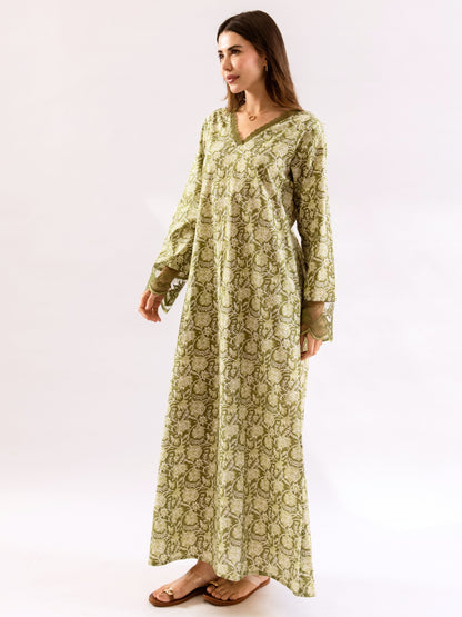 Olive Green Dazzel Floral Pure Cotton V neck Night Maxi