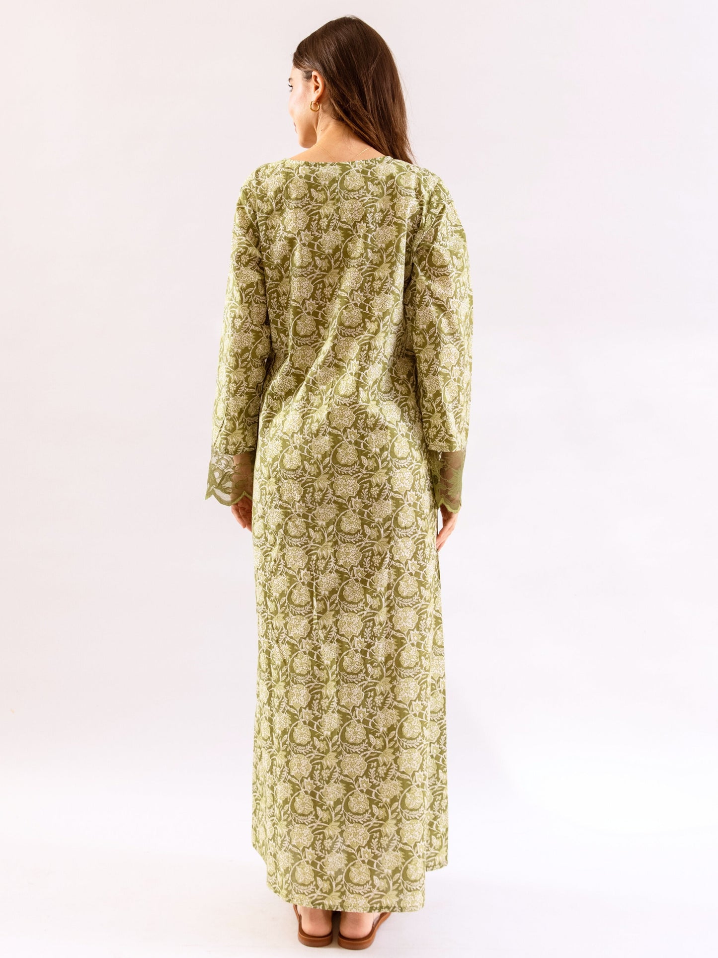 Olive Green Dazzel Floral Pure Cotton V neck Night Maxi