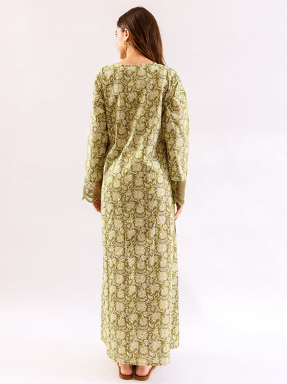 Olive Green Dazzel Floral Pure Cotton V neck Night Maxi
