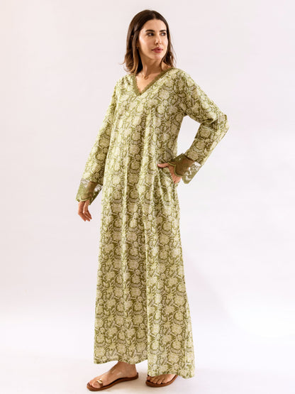 Olive Green Dazzel Floral Pure Cotton V neck Night Maxi