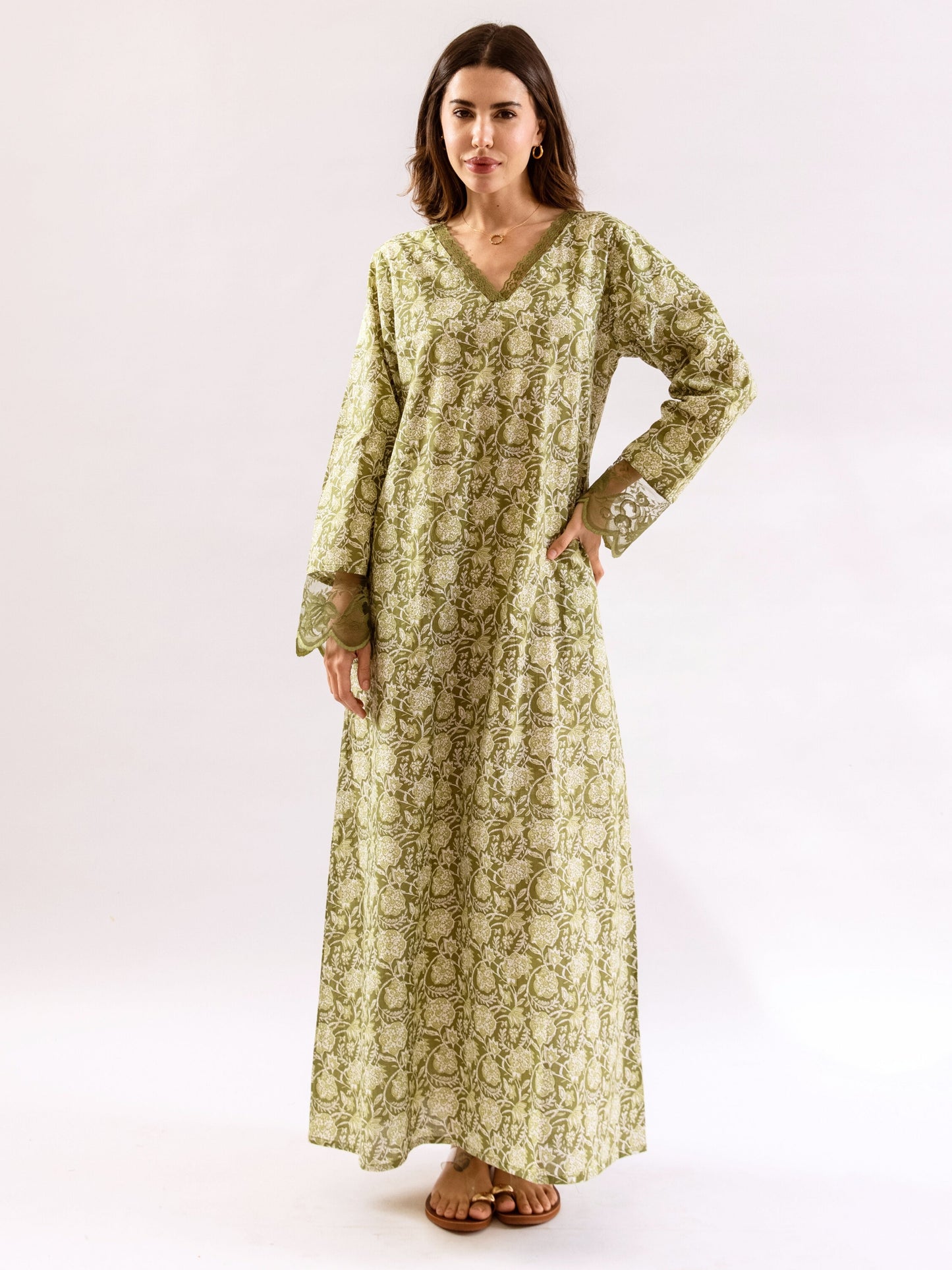 Olive Green Dazzel Floral Pure Cotton V neck Night Maxi