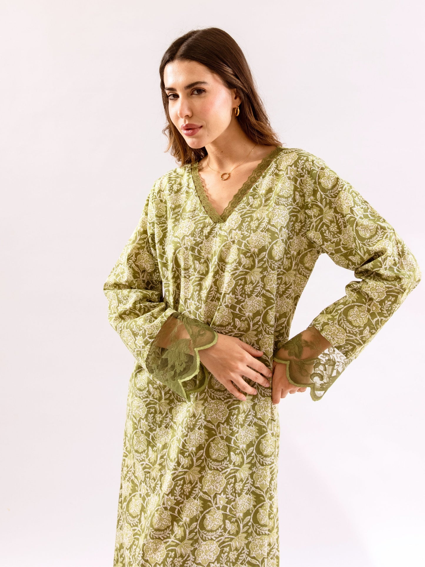 Olive Green Dazzel Floral Pure Cotton V neck Night Maxi