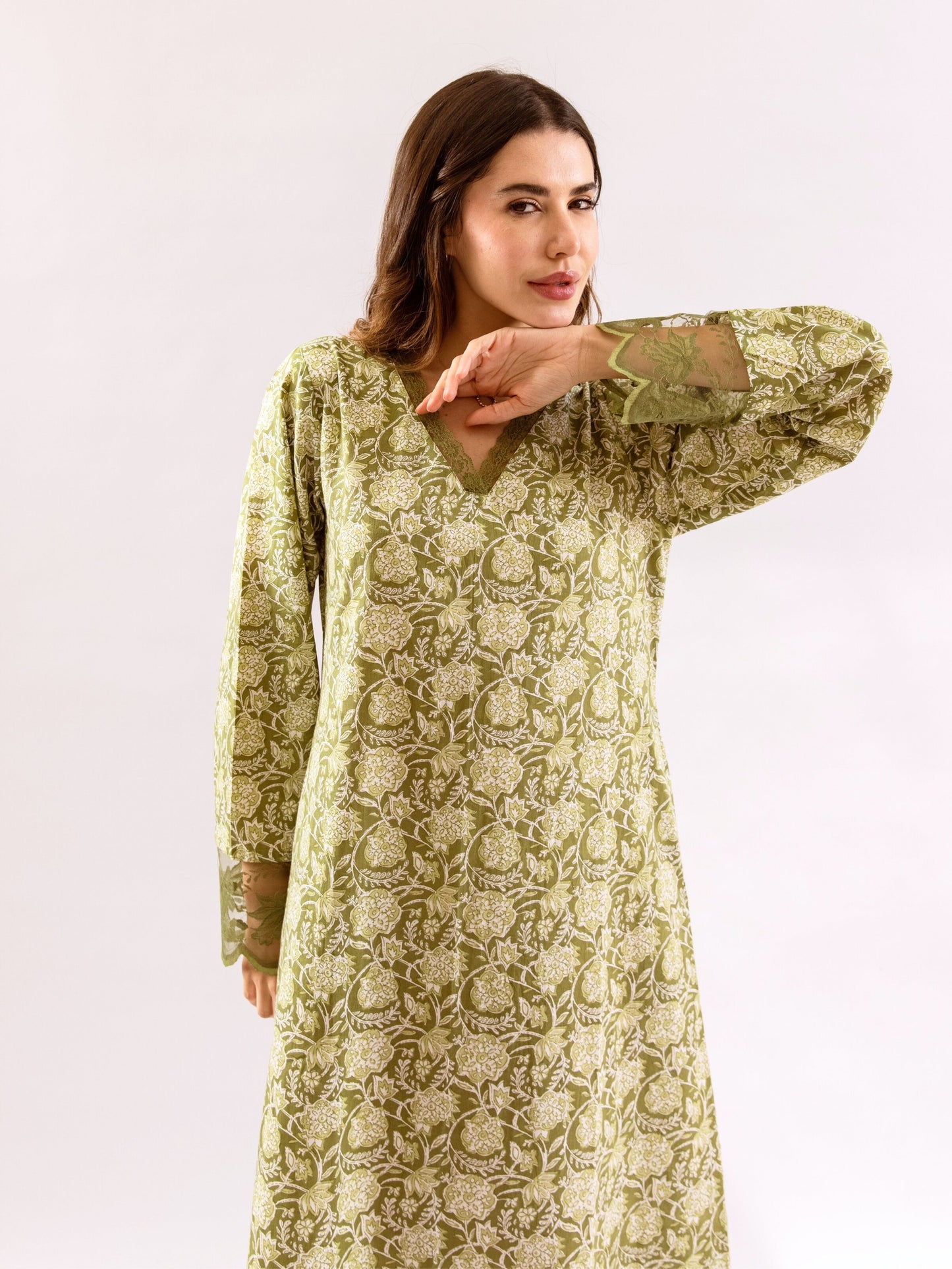 Olive Green Dazzel Floral Pure Cotton V neck Night Maxi