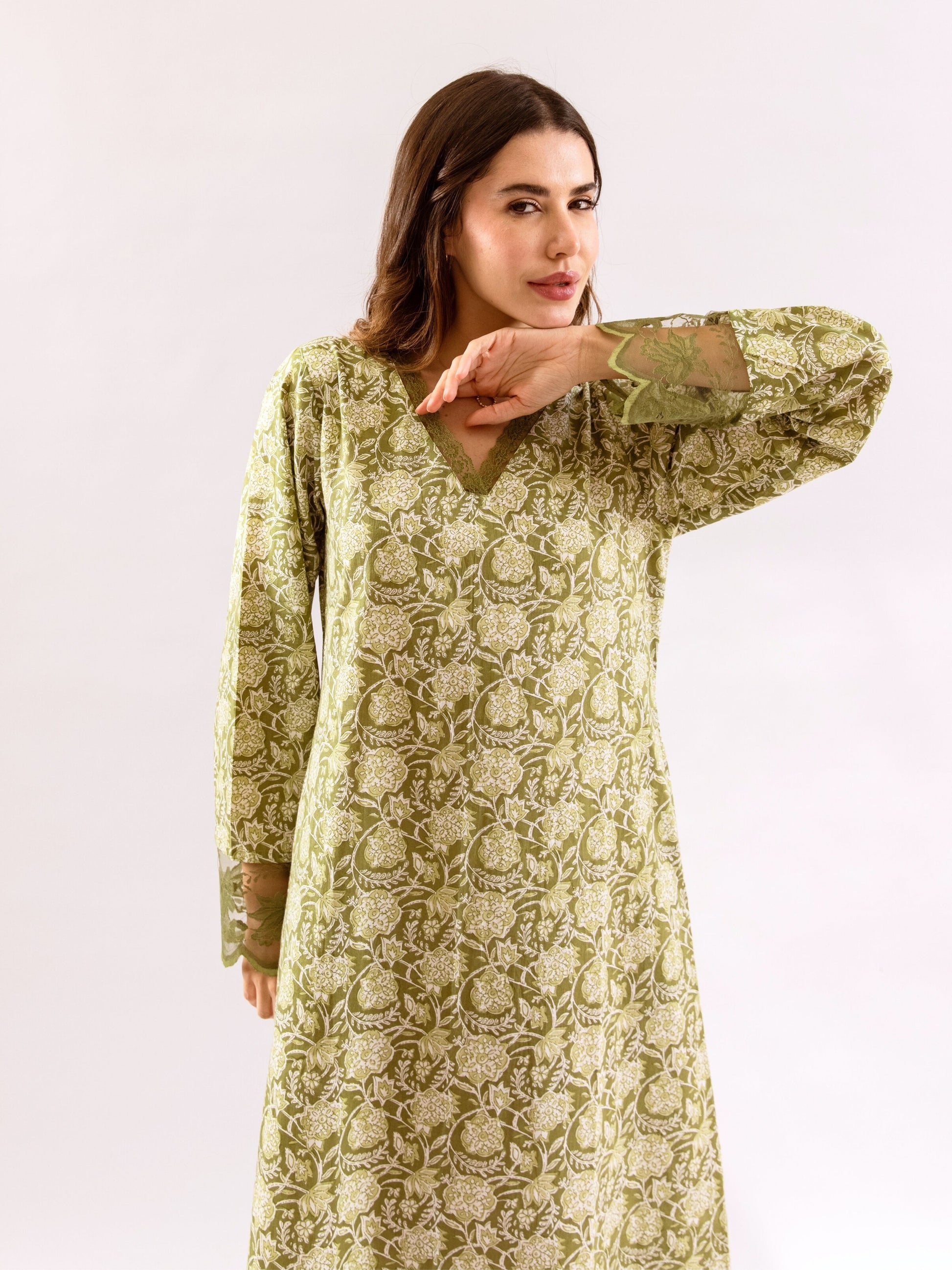 Olive Green Dazzel Floral Pure Cotton V neck Night Maxi