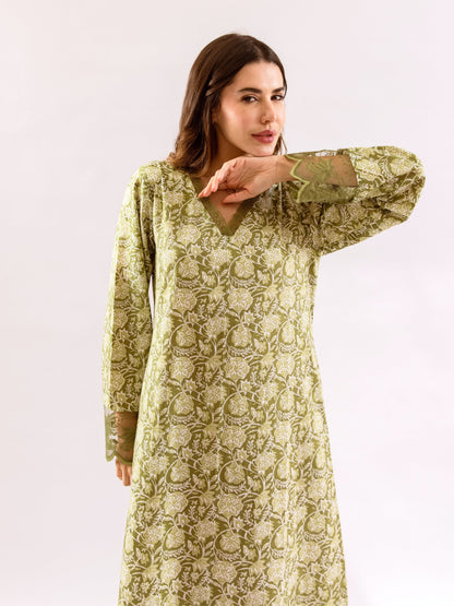 Olive Green Dazzel Floral Pure Cotton V neck Night Maxi