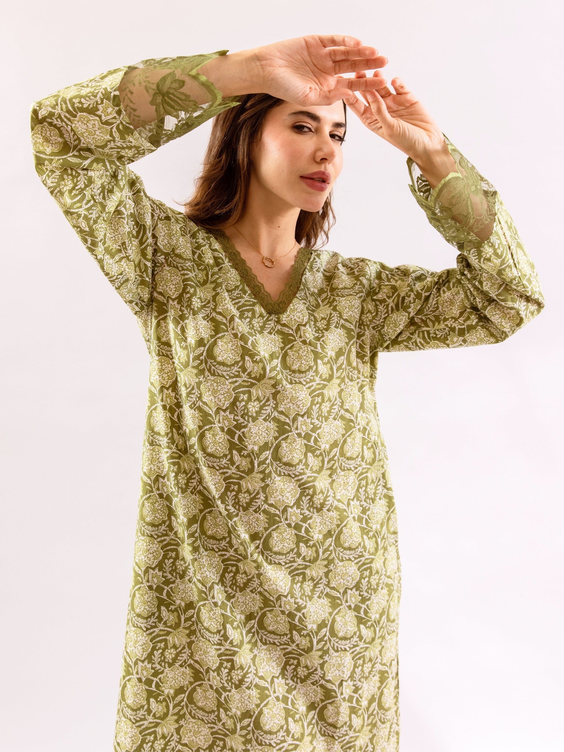 Olive Green Dazzel Floral Pure Cotton V neck Night Maxi