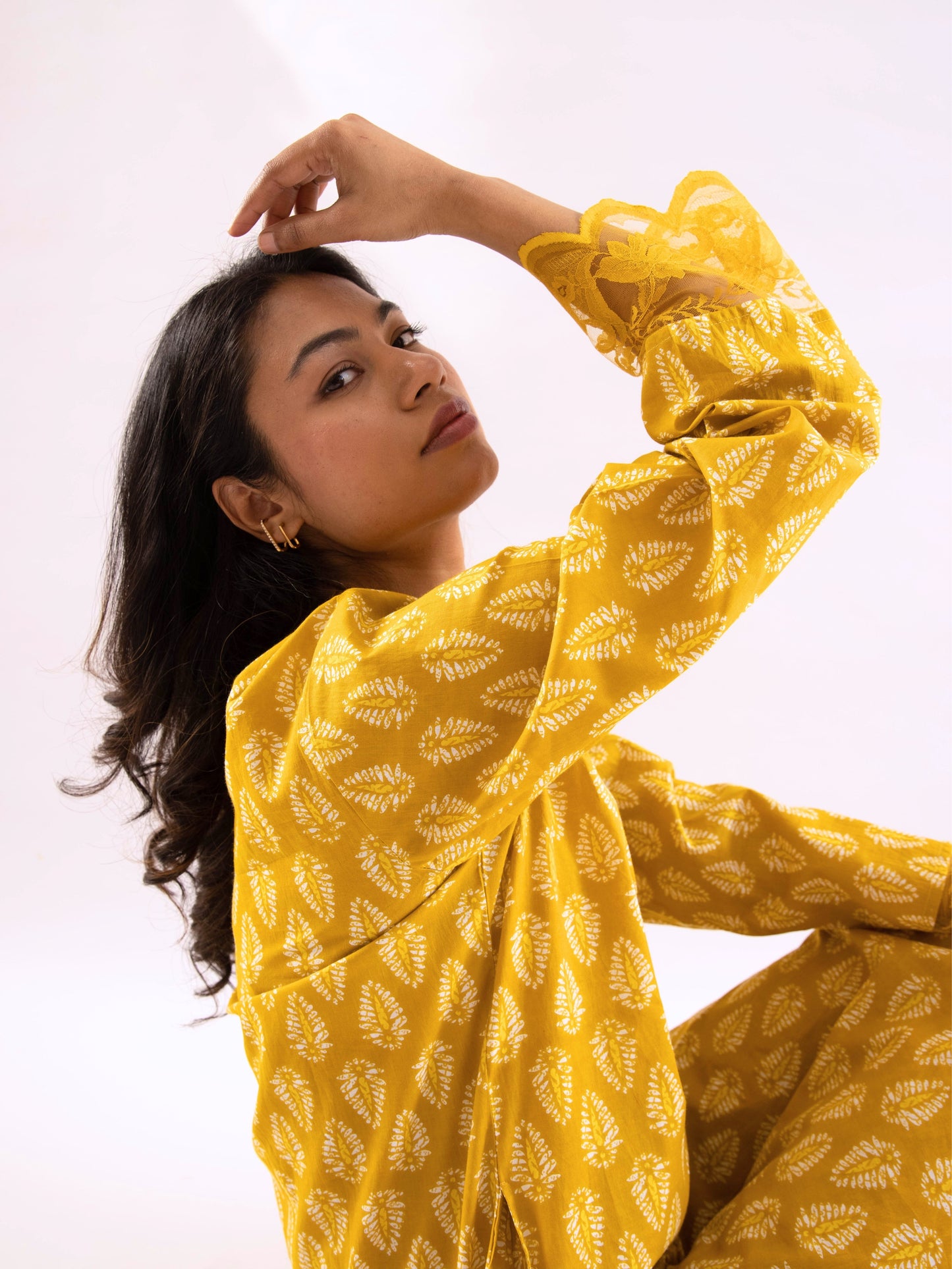 Yellow Bloom Lacy Pure Cotton V neck Night Maxi