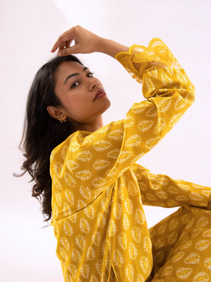 Yellow Bloom Lacy Pure Cotton V neck Night Maxi