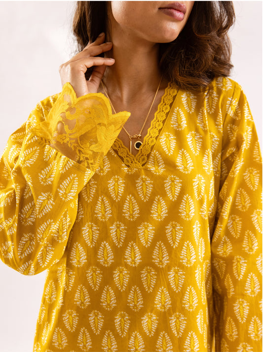 Yellow Bloom Lacy Pure Cotton V neck Night Maxi