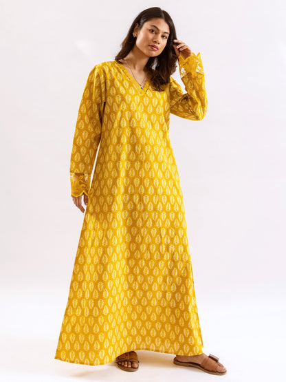Yellow Bloom Lacy Pure Cotton V neck Night Maxi