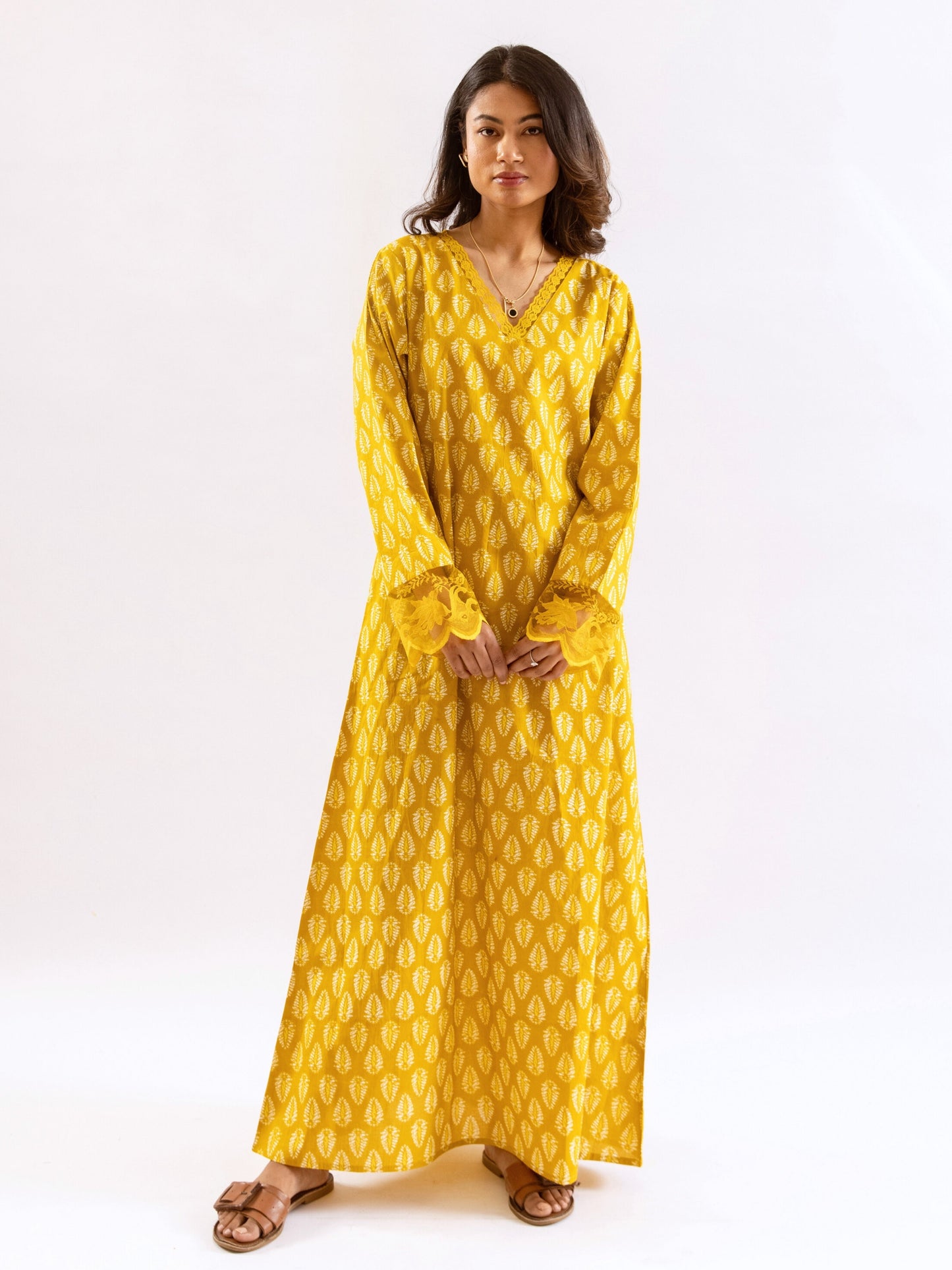 Yellow Bloom Lacy Pure Cotton V neck Night Maxi