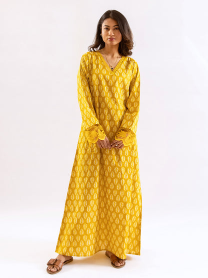 Yellow Bloom Lacy Pure Cotton V neck Night Maxi