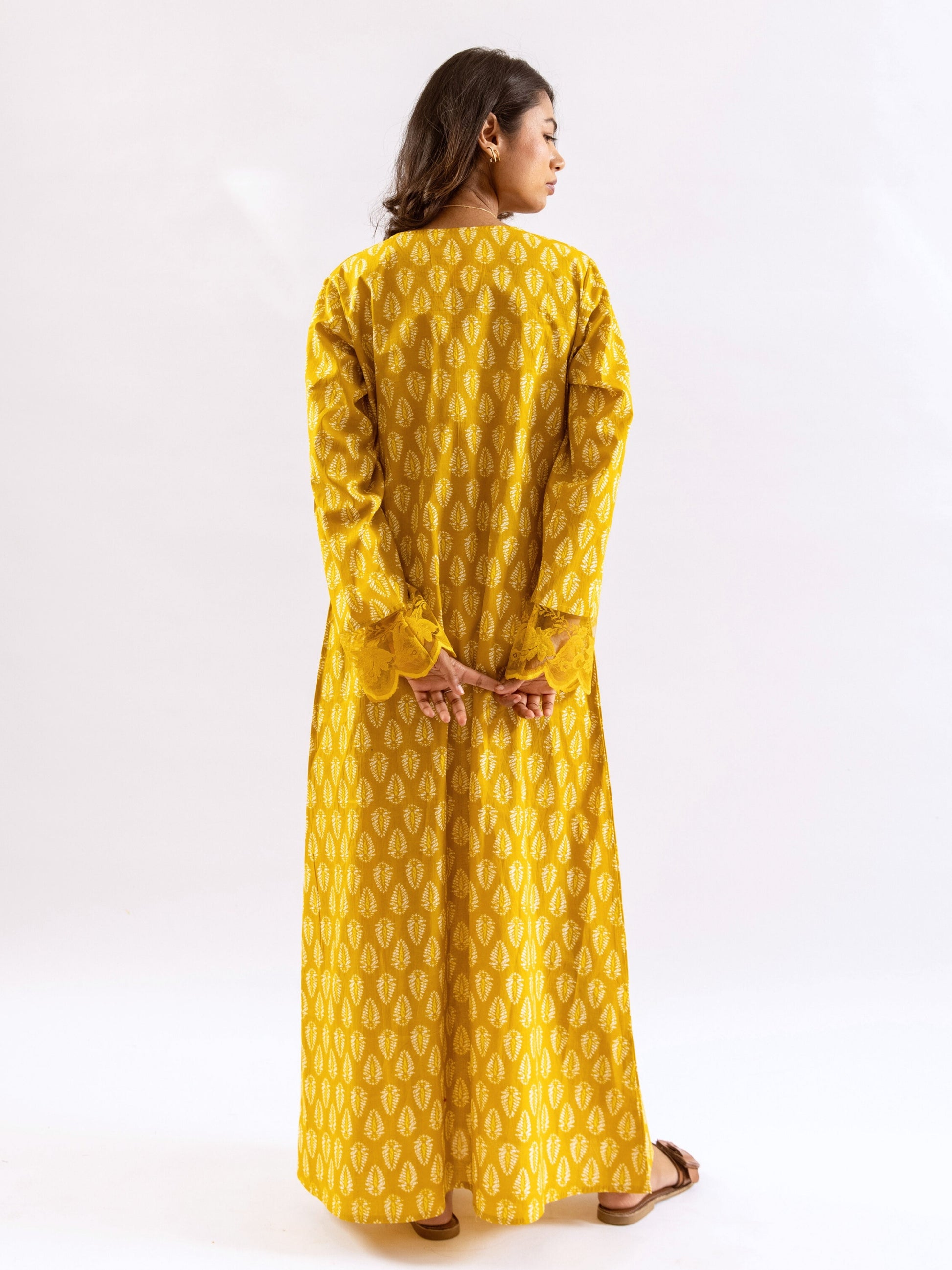 Yellow Bloom Lacy Pure Cotton V neck Night Maxi