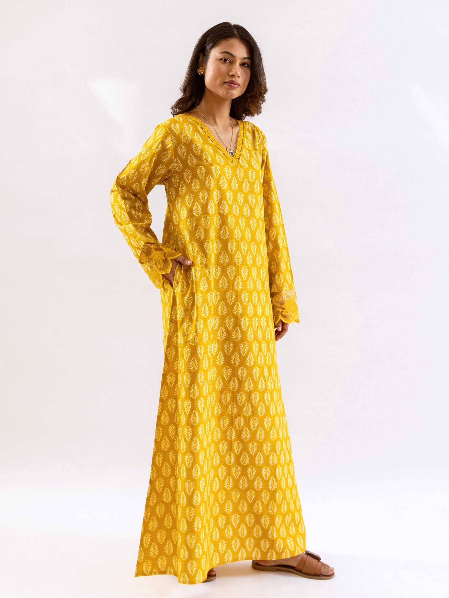 Yellow Bloom Lacy Pure Cotton V neck Night Maxi