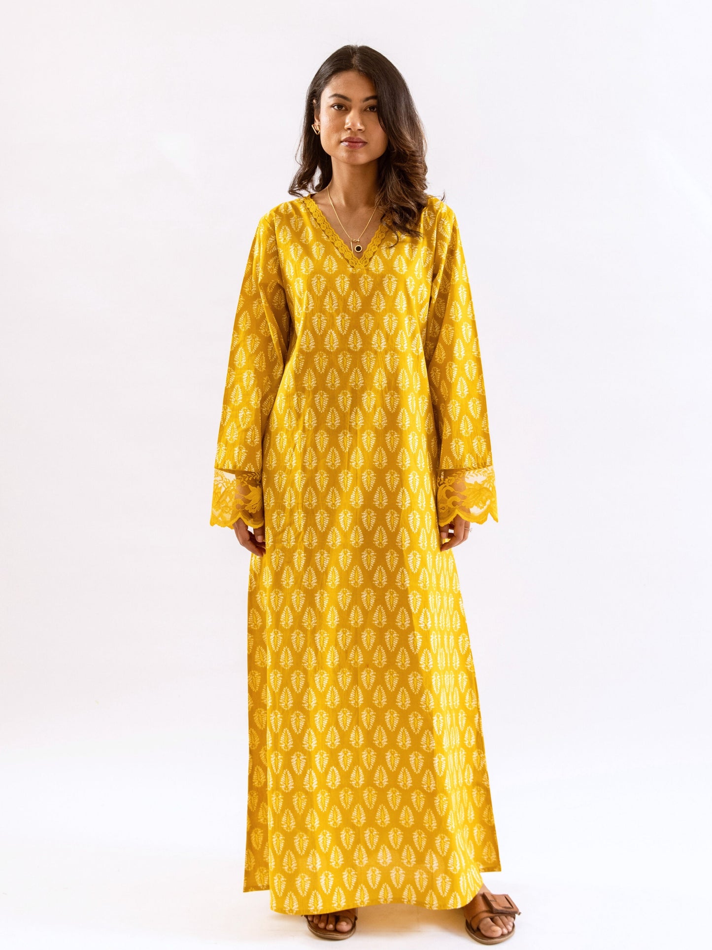 Yellow Bloom Lacy Pure Cotton V neck Night Maxi